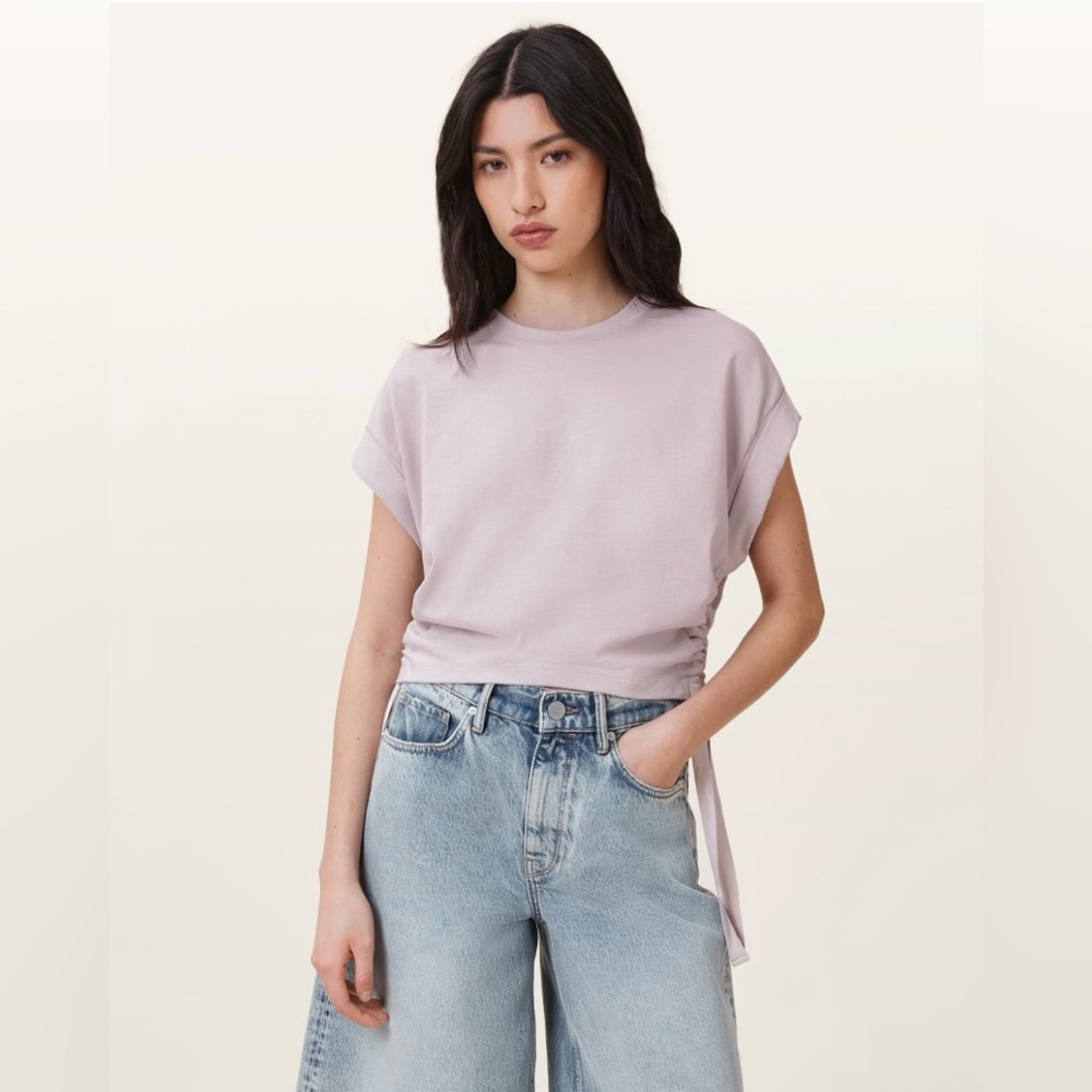 AllSaints Mira Cropped Drawcord T-Shirt Size M - Pink/Peach